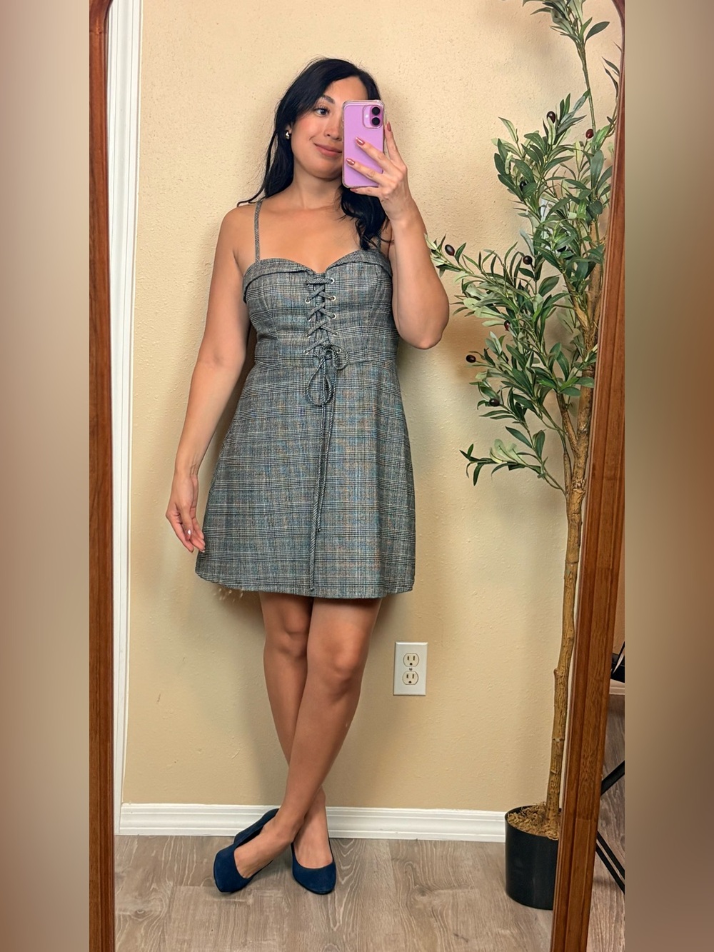 Lace-Up Plaid Mini Dress in Gray